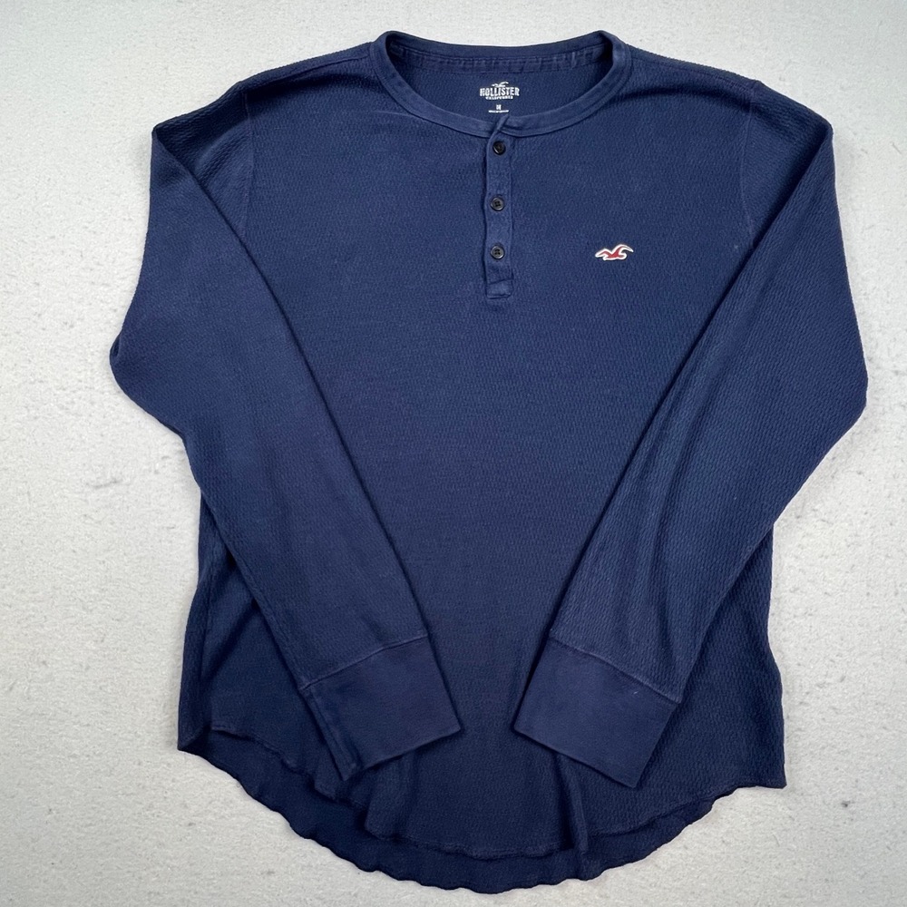 Hollister Henley Shirt Mens M Navy Blue Waffle Knit Thermal Long Sleeve Logo